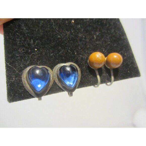 Blue heart silver screwback earrings knots curves & amber stone 4 pair VINTAGE - Picture 5 of 9